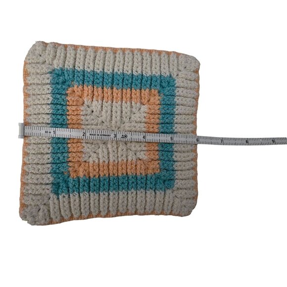 Handmade Crochet Pot Holders Set Of 2 6"x6" Vintage Orange Blue, White Squares - Picture 2 of 2